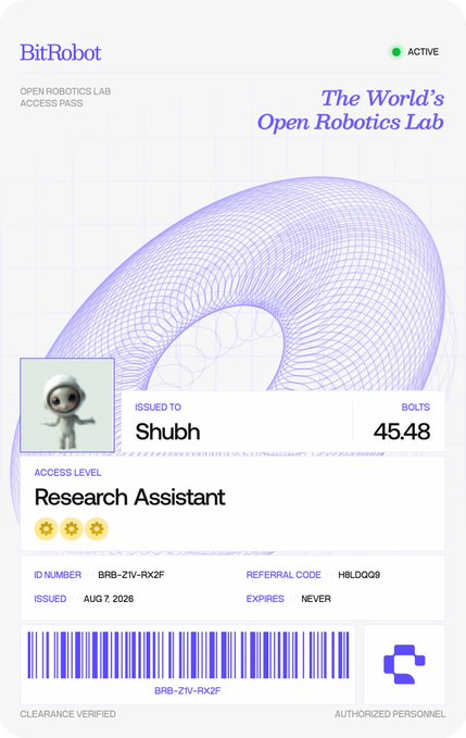 A digital access pass card titled "BitRobot - The World's Open Robotics Lab" issued to "Shubh" as a "Research Assistant" with 45.48 BOLTS, featuring a barcode and issued date of AUG 7, 2026.