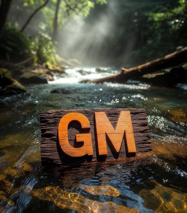 The letters "GM" appear carved into a wooden block resting in a flowing forest stream, with sunlight filtering through the trees in the background.