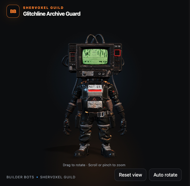 A 3D character viewer shows the 'Glitchline Archive Guard' by the Shervoxel Guild, a Builder Bot featuring a CRT monitor for a head and a black tactical outfit.