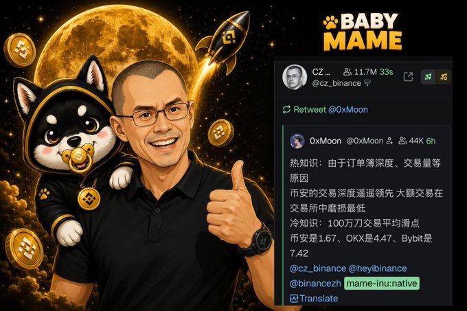 A promotional graphic for the $BabyMAME token features a cartoon illustration of CZ (Changpeng Zhao) in a black polo shirt giving a thumbs-up alongside a black Shiba Inu mascot, with Binance ($B) coins, a rocket, and a large moon in the background. The right side displays a screenshot of CZ retweeting OxMoon's post analyzing BNB chain liquidity and listing exchange slippage stats: Binance 1.67, OKX 4.47, and Bybit 7.42, highlighting CZ's awareness of the $MAME project and signaling the launch of $BabyMAME as its continuation.