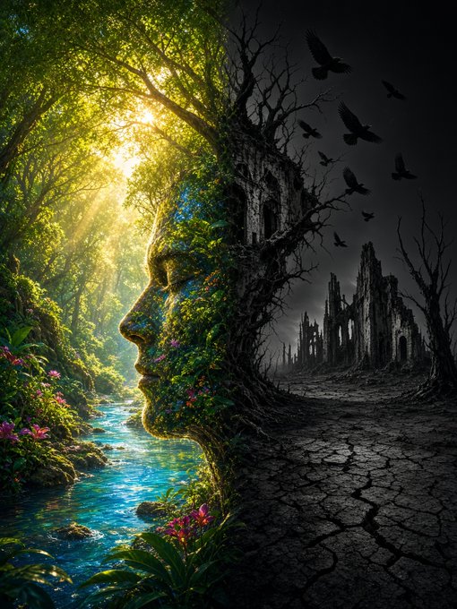 A split artistic image contrasting a vibrant, sunlit forest with a stream on the left and a desolate, dark landscape with ruined buildings and flying crows on the right, with a silhouette of a woman's face in the center.