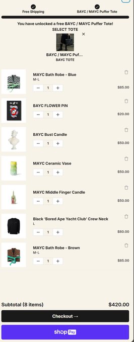 A shopping cart screen showing BAYC/MAYC merchandise including bath robes, pins, candles, vases, and crew neck sweatshirts, totaling $420.00 for 8 items, with an offer for a free puffer tote.