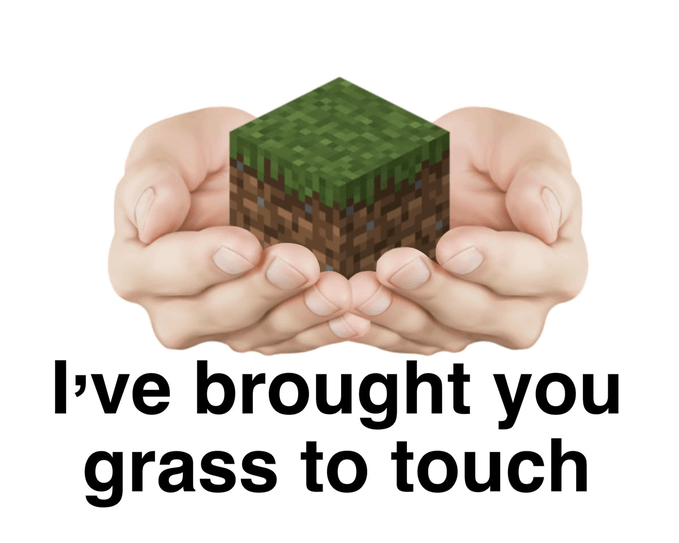 A meme showing two hands cradling a Minecraft grass block with the caption "I've brought you grass to touch".