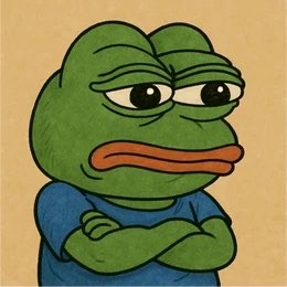 An illustration of the classic green Pepe the Frog meme, featuring half-closed eyes and crossed arms in a blue shirt.
