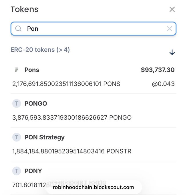 The image shows a token search result on robinhoodchain.blockscout.com for "Pon," displaying ERC-20 tokens including Pons (PONS) with a balance of 2,176,691.85 tokens valued at $93,737.30, as well as PONGO, PON Strategy (PONSTR), and PONY. The screenshot supports the post's claim about PONS whales potentially moving into PONSTR, as Pons appears as the largest token holding in this search.
