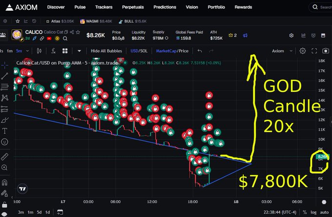 A crypto trading chart for CALICO (Calico Cat) token on the Axiom platform, showing a price of $8.26K with a hand-drawn yellow annotation indicating a 'GOD Candle 20x' breakout to $7,800K.
