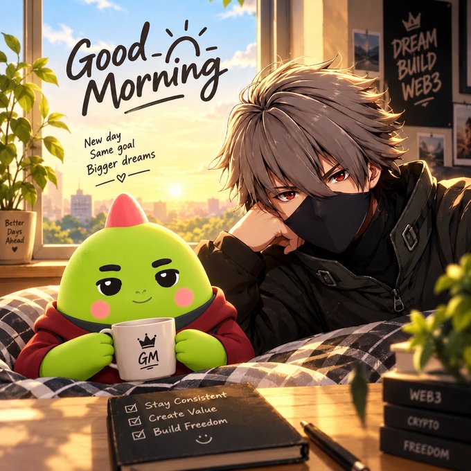 An anime-style 'Good Morning' illustration featuring a red-eyed character in a black mask alongside a green creature holding a 'GM' mug, with motivational text including 'Stay Consistent,' 'Create Value,' and 'Build Freedom' near books labeled 'WEB3' and 'CRYPTO FREEDOM.'