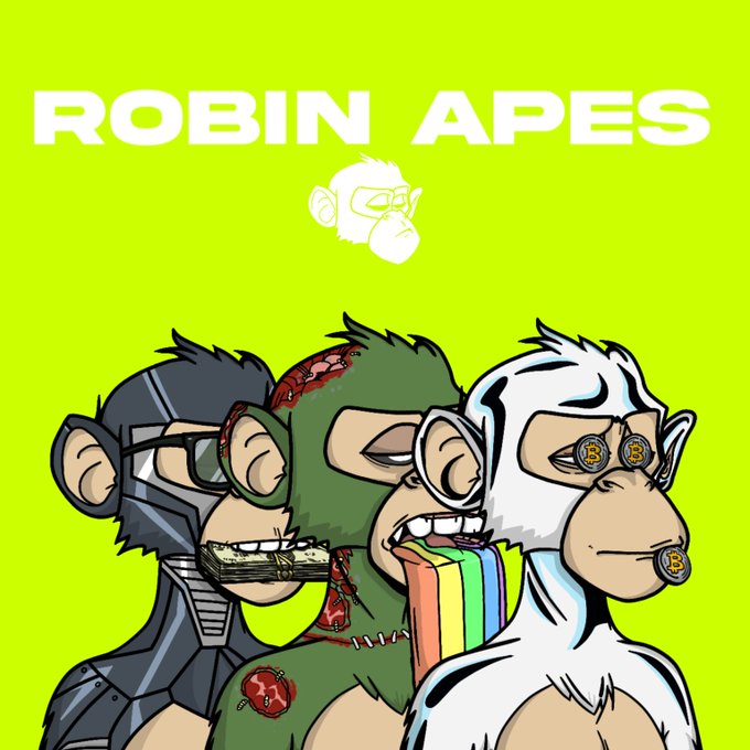 A 'ROBIN APES' NFT collection graphic featuring three cartoon monkey characters (a dark ape, a green zombie ape, and a white ape) on a lime green background.