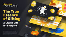 A Binance Gift Card advertisement titled 'The True Essence of Gifting — A Crypto Gift for Everyone!' showing yellow Binance gift cards with an astronaut design.