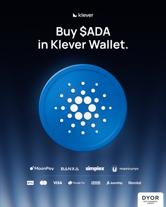 An advertisement for Klever Wallet promoting buying $ADA (Cardano) cryptocurrency, showing the blue ADA logo and payment partners like MoonPay, BANXA, Simplex, Visa, and Google Pay.