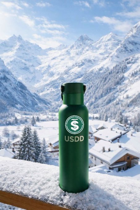 A dark green water bottle labeled 'USDD' with a logo sits on a snow-covered railing, with a picturesque snowy mountain village in the background.