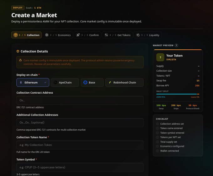 A dark-themed web interface titled 'Create a Market' shows a 5-step deployment process for a permissionless AMM, with chain options including Ethereum and Base, and a market preview panel on the right.