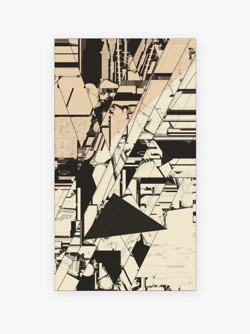 An abstract black, white, and beige artwork featuring geometric shapes and fragmented architectural or mechanical elements.