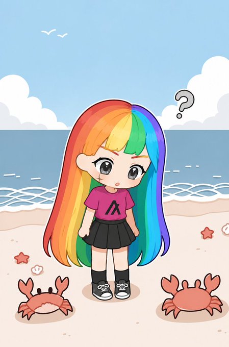 A cartoon illustration of a girl with rainbow hair wearing a pink shirt with a Lambda (λ) symbol, standing on a beach with two crabs and a question mark above her head.