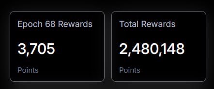 The image displays two reward stat cards against a dark background: "Epoch 68 Rewards" showing **3,705 Points** and "Total Rewards" showing **2,480,148 Points**, directly visualizing the user's Dawn Network epoch earnings and cumulative point balance shared in their post celebrating the 5-day countdown to the Dawn Network launch on Solana.