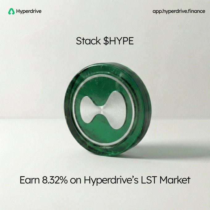 A promotional graphic for Hyperdrive features a green coin-like emblem with the Hyperdrive logo, captioned "Stack $HYPE" and "Earn 8.32% on Hyperdrive's LST Market," tying into the post's message about consistent 8%+ yields for $HYPE holders at app.hyperdrive.finance.