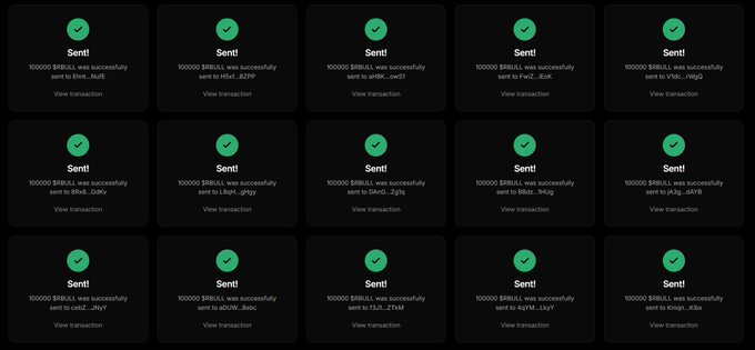 The image displays a grid of transaction confirmation cards, each showing "Sent" status with 100,000 $RBULL tokens successfully distributed to various Solana wallet addresses (including @Nei_NuFi, @Hot_8239, @dwt3, @FwZ_4UK, @VsL_rWgQ, @Bkt_DoVu, @L6m_qRqy, @DiN0_2JgIs, @tBdZ_3PDg, @rcs_JxV8, @cB2_JnYY, @dOW_Bnbc, @1XJt_2PsM, @qYrt_bJpY, and @Kmg_xDbs). The post announces a live $RBULL token airdrop distribution, and the image serves as visual proof showing that the first 750 recipients have successfully received their 100,000 $RBULL allocations, linking to robinbull.fun for purchases.