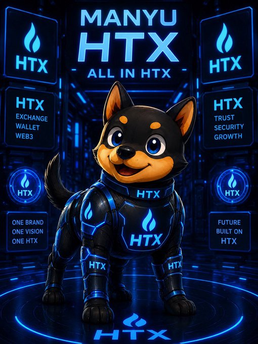 A promotional graphic for the HTX cryptocurrency exchange featuring a cartoon black and tan dog in futuristic armor, surrounded by 'MANYU HTX - ALL IN HTX' branding and HTX logos.