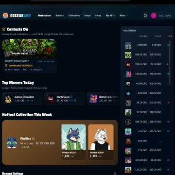 A screenshot of the 'ERISUS PLAY' NFT marketplace homepage displays features like 'Contests On', 'Top Moves Today', and 'Hottest Collection This Week' with various NFT listings.
