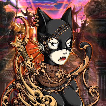 A stylized illustration of Catwoman wearing a spiked black mask, surrounded by ornate gold baroque scrollwork against a vibrant purple and pink sky.