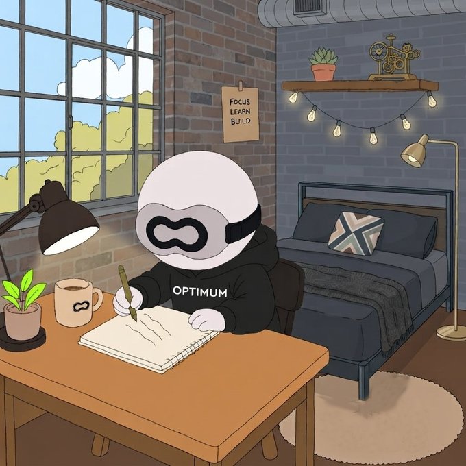 A cartoon illustration of a white robot-like character wearing a sleep mask and an 'OPTIMUM' hoodie, writing in a notebook at a desk in a modern bedroom with a 'Focus Learn Build' poster on the wall.
