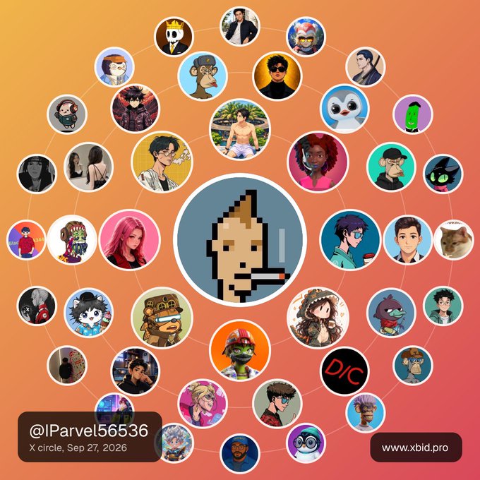 An X (Twitter) Circle graphic featuring @IParvel56536 on Sep 27, 2026, showing a network of avatar circles connected to a central pixel-art character, with www.xbid.pro in the corner.