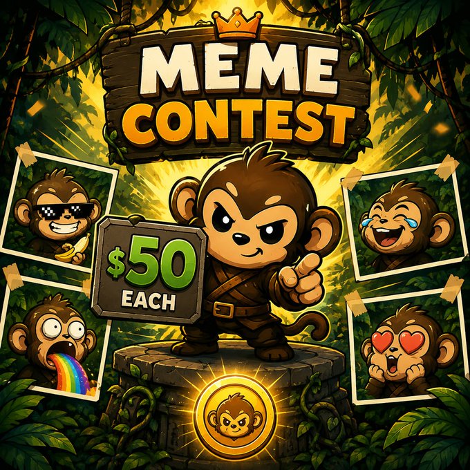 A jungle-themed "MEME CONTEST" graphic features a cartoon monkey in an explorer outfit holding a "$50 EACH" sign, surrounded by four expressive monkey meme photos and a golden KIMA coin medallion—visually reinforcing the $50 prize offer and KIMA branding of the contest.