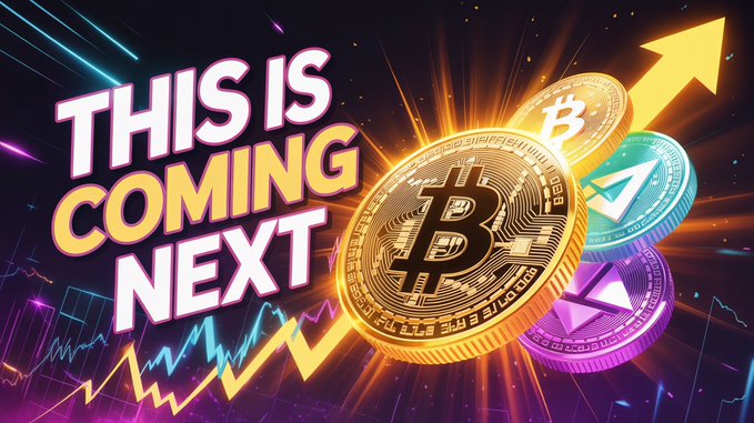 This image depicts the text "THIS IS COMING NEXT" above glowing cryptocurrency coins and an upward trending graph, visually reinforcing the post's bullish outlook on Bitcoin and crypto markets.
