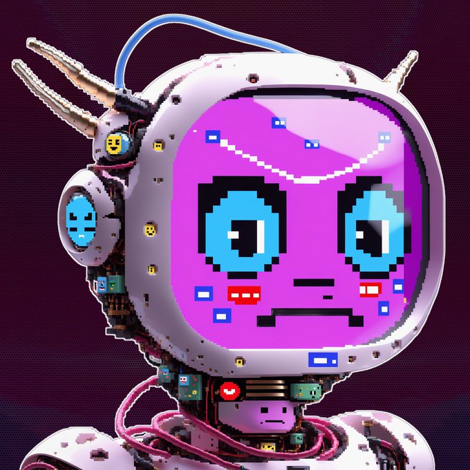 A pixel art illustration of a pink-faced robot head with large blue eyes, an antenna, and various mechanical components visible around the screen-like face.