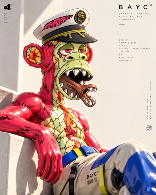 A BAYC (Bored Ape Yacht Club) NFT artwork featuring a stylized red and green ape character wearing a sailor hat, labeled as Gen. 01 / Primate 0260.