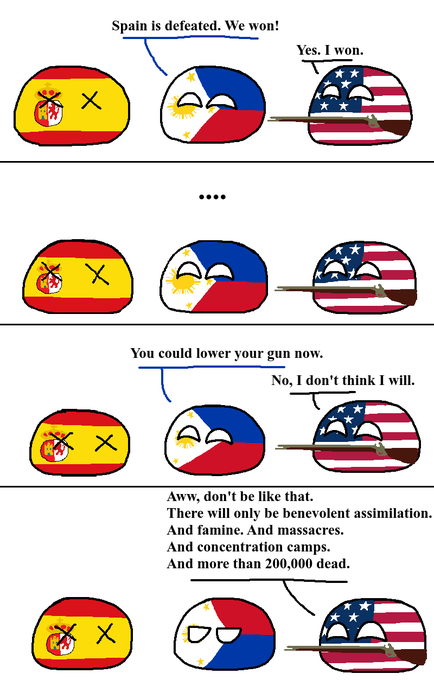 A four-panel comic featuring Spain, Philippines, and USA countryballs, with USA refusing to lower its gun after defeating Spain, and Philippines sarcastically pointing out the brutal history of American assimilation.