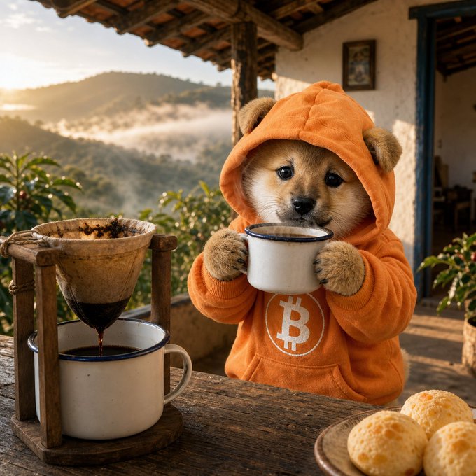 An AI-generated image of a dog wearing an orange Bitcoin hoodie holding a coffee mug, with a pour-over coffee setup and pastries on a wooden table overlooking a misty mountain landscape.