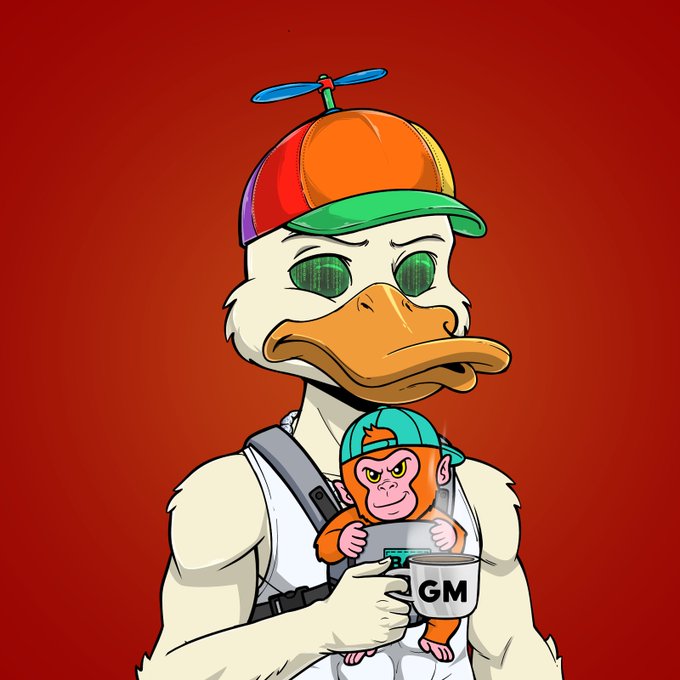 A digital illustration of a white duck character wearing a colorful propeller cap, holding a small monkey in a baby carrier along with a 'GM' coffee mug, set against a red background.