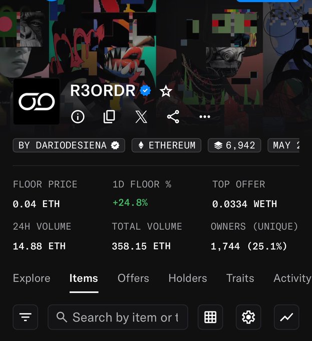 The image presents a screenshot of an item in a marketplace called R3ORDR (R3rd Order Ripple). The item is being sold at 0.04 ether, and there are some sales happening during the day, around 0.45 eth. There's also another cryptocurrency in focus that seems to be related to Ethereum, with values such as 1.44eth, 3.38eth, 0.82eth, 0.61eth, 1.73eth, 2.55eth, 1.79eth, and 0.7eth. The description of the item is quite interesting; it's a unique flip coin that could be an NFT.