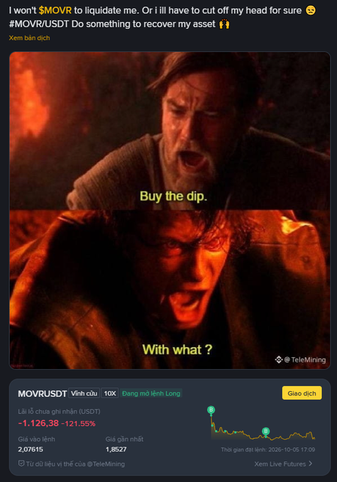 A tweet with text 'I won't $MOVR to liquidate me. Or i ill have to cut off my head for sure' features Obi-Wan Kenobi and Padmé Amidala with 'Buy the dip.' and 'With what ?' captions, below which is a token chart showing MOVR down 121.55%.