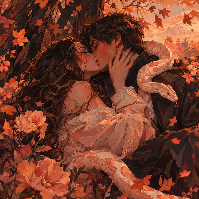 A digital painting depicts a romantic kiss between a man and a woman surrounded by autumn leaves and flowers, with a large white and orange snake wrapping around them.