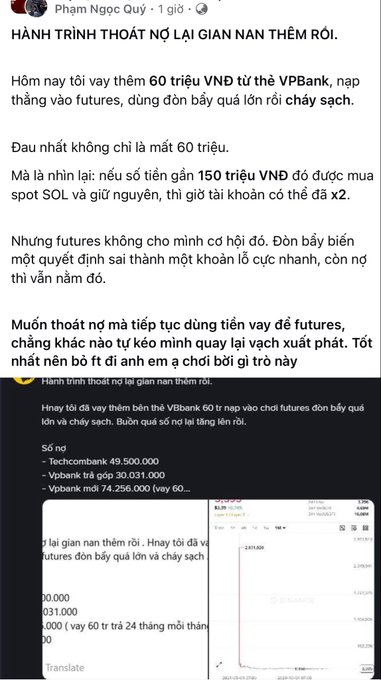 A Vietnamese Facebook post by 'Phạm Ngọc Quý' titled 'HÀNH TRÌNH THOÁT NỢ LẠI GIAN NAN THÊM RỒI.' discussing financial debt and futures trading, with an embedded image showing account balances and a chart.