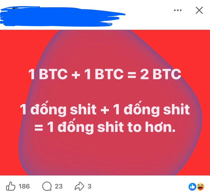 The image features a red background with white text that reads "1 BTC + 1 BTC = 2 BTC", which translates to "1 Bitcoin + 1 Bitcoin = 2 Bitcoins". The text also includes some foreign symbols, possibly representing different languages or alphabets.