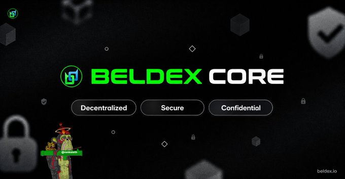 A promotional graphic for Beldex Core highlighting its features as decentralized, secure, and confidential.