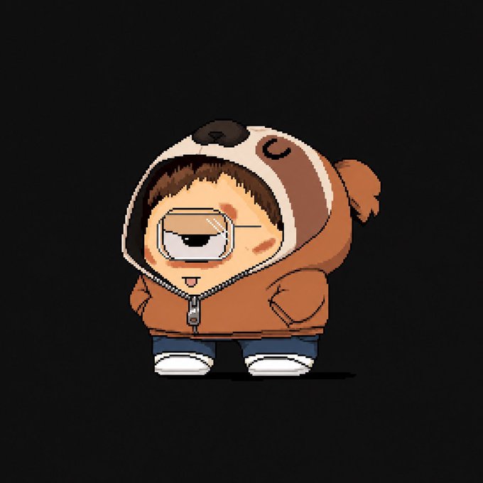 A cartoon character wearing a brown dog-themed hoodie with floppy ears, standing against a black background with a playful expression.