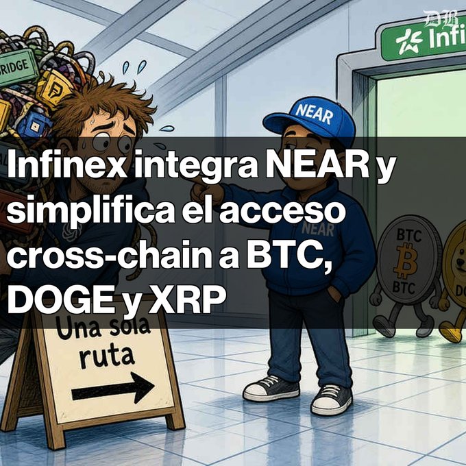 Cartoon-style crypto news graphic in Spanish reading 'Infinex integra NEAR y simplifica el acceso cross-chain a BTC, DOGE y XRP,' depicting a confused trader and a character wearing a NEAR cap.