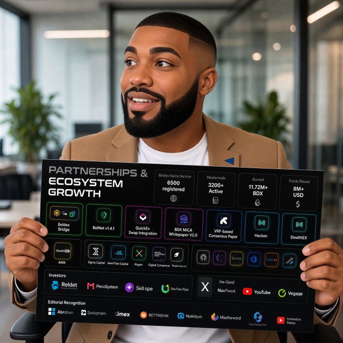 A man in a tan blazer holds an infographic titled 'PARTNERSHIPS & ECOSYSTEM GROWTH,' highlighting metrics including 6,500 Beldex names registered, 3,200+ masternodes active, 11.72M+ BDX burned, and 8M+ USD funds raised, alongside logos for BelNet, QuickEx, BDX MCA Whitepaper, and various exchanges and investors.