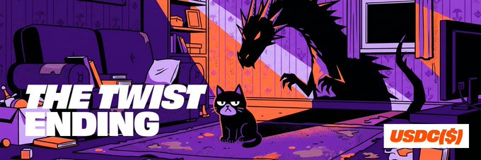 A pixel-art banner titled "THE TWIST ENDING" shows a shadowy dragon-like creature looming over a small black cat in a cluttered room, with "USDC($)" displayed in the corner—visually capturing the post's eerie theme of a creator whose oldest unfinished draft was mysteriously written after the final version, suggesting an unsettling, otherworldly twist.