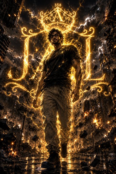 A dramatic, golden-hued digital illustration depicts a muscular man in a tattered black shirt walking forward amid swirling energy and debris, framed by glowing ornate letters 'J', 'A', 'L', and the number '358'.