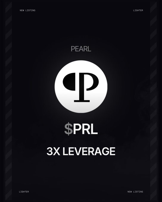 A dark promotional graphic announces the new listing of "PEARL" ($PRL) on Lighter, featuring a circular logo with stylized "P" letters and highlighting "3X LEVERAGE" in bold text at the bottom. The design includes "NEW LISTING" and "LIGHTER" corner labels, with corner accents mirroring the announcement's details about trading $PRL on Lighter Core at 3x leverage.