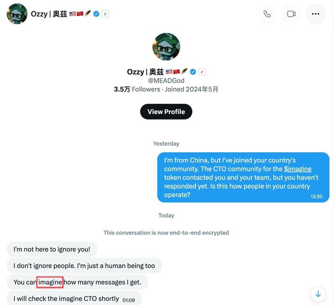 A Twitter/X direct message conversation between accounts is shown. The sender states they are from China and that the 'imagine' token's CTO community hasn't received a response, and the recipient replies explaining they receive too many messages and will check the imagine CTO shortly.