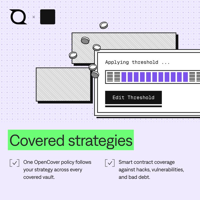 A graphic explaining 'Covered strategies' featuring an interface mockup applying a threshold, noting that 'One OpenCover policy follows your strategy across every covered vault' and provides 'Smart contract coverage against hacks, vulnerabilities, and bad debt.'