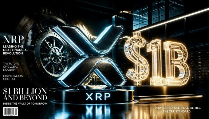 A magazine-style promotional graphic for XRP cryptocurrency featuring a large metallic 3D 'X' logo and '$1B' in glowing golden text, with headlines like 'XRP LEADING THE NEXT FINANCIAL REVOLUTION' and '$1 BILLION AND BEYOND INSIDE THE VAULT OF TOMORROW'.