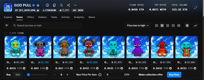 A screenshot of an NFT marketplace called 'GOD PULL' on Ethereum showing a floor price of 0.0425 ETH, top offer of 0.0371 METH, and total volume of 213.32 ETH, displaying various cartoon character collectibles priced at 0.0425 ETH each.