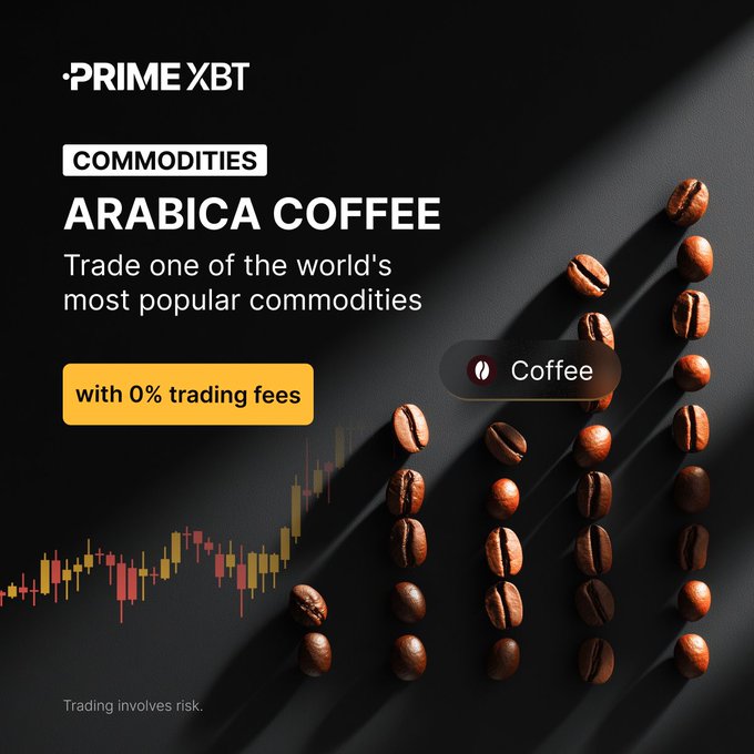 A PrimeXBT advertisement promoting 'ARABICA COFFEE' commodities trading with 0% trading fees, featuring coffee beans arranged in columns over a candlestick chart.